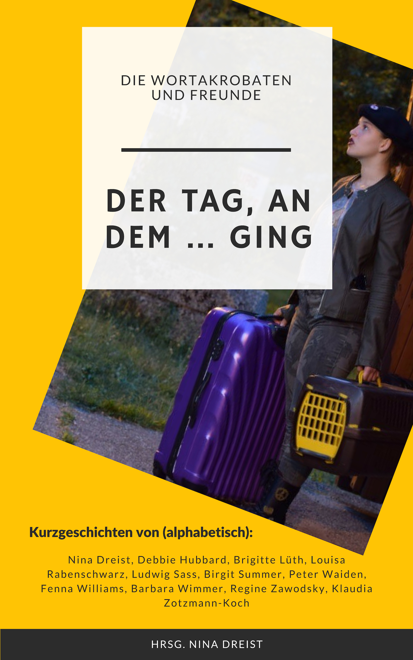 Buchcover mit einem Mädchen mit Koffer und Katzenkorb an einer Busstation